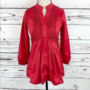 Scarlet Red Embroidered Button Peasant Tunic Top